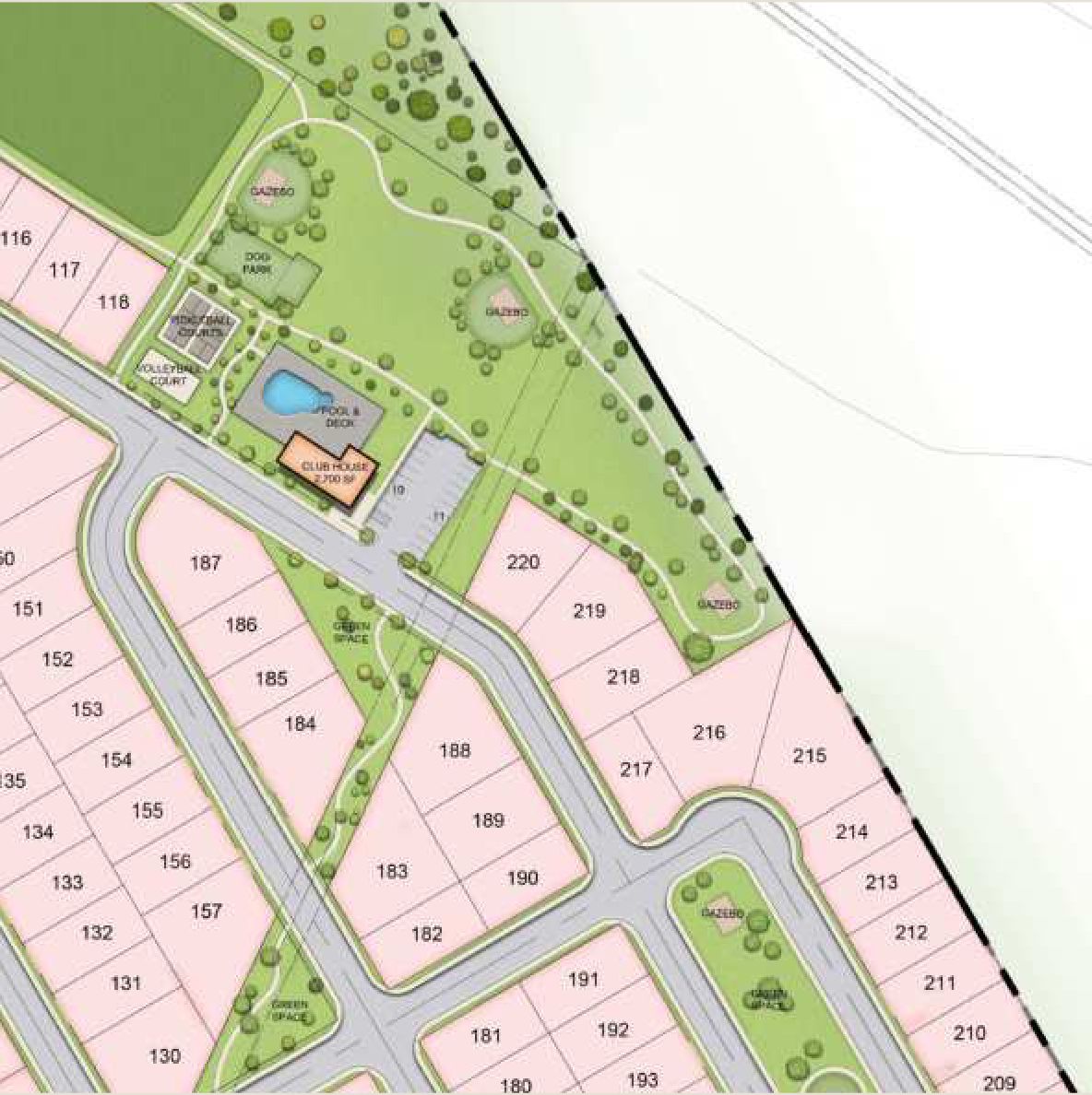 Detail of the planned amenity zone with pool and open space.