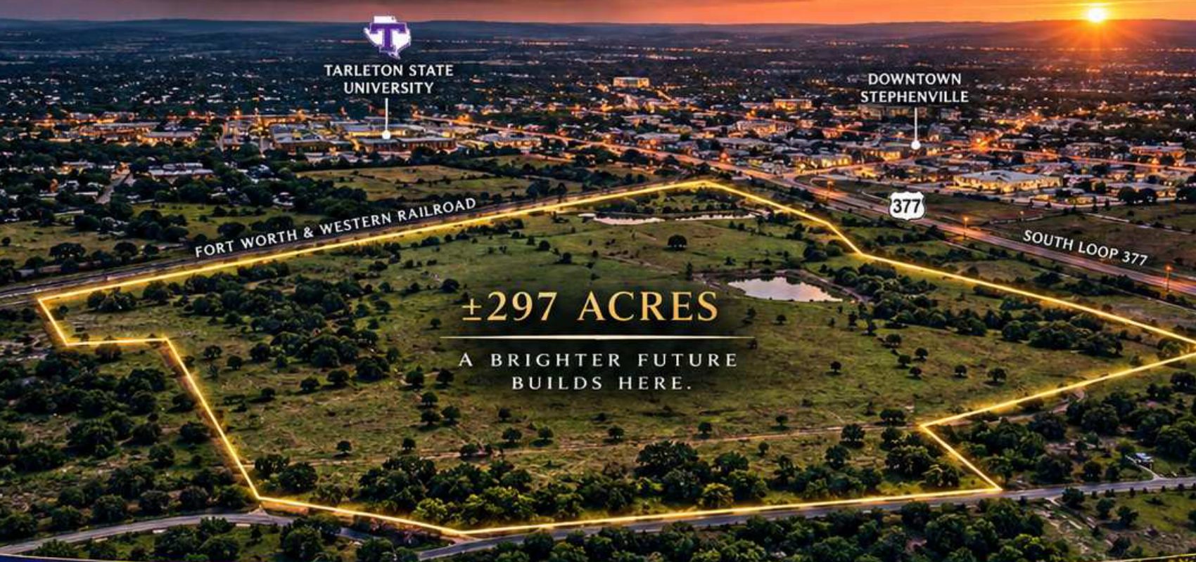 Illustrative aerial rendering of the site boundary at sunset.