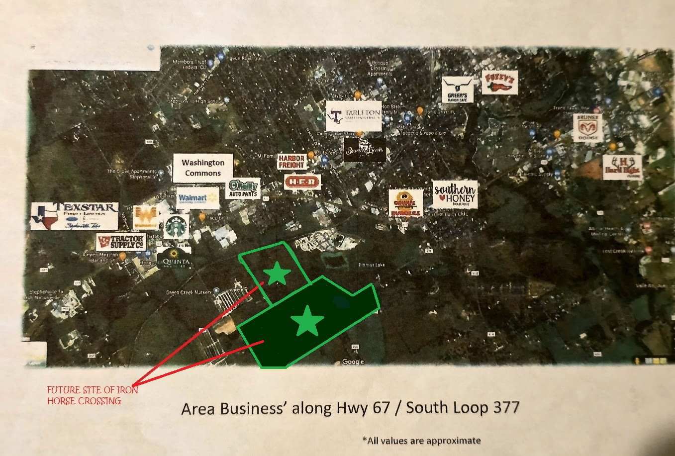 Map of area businesses along Hwy 67 and South Loop 377 with both Iron Horse Crossing tracts marked in green.