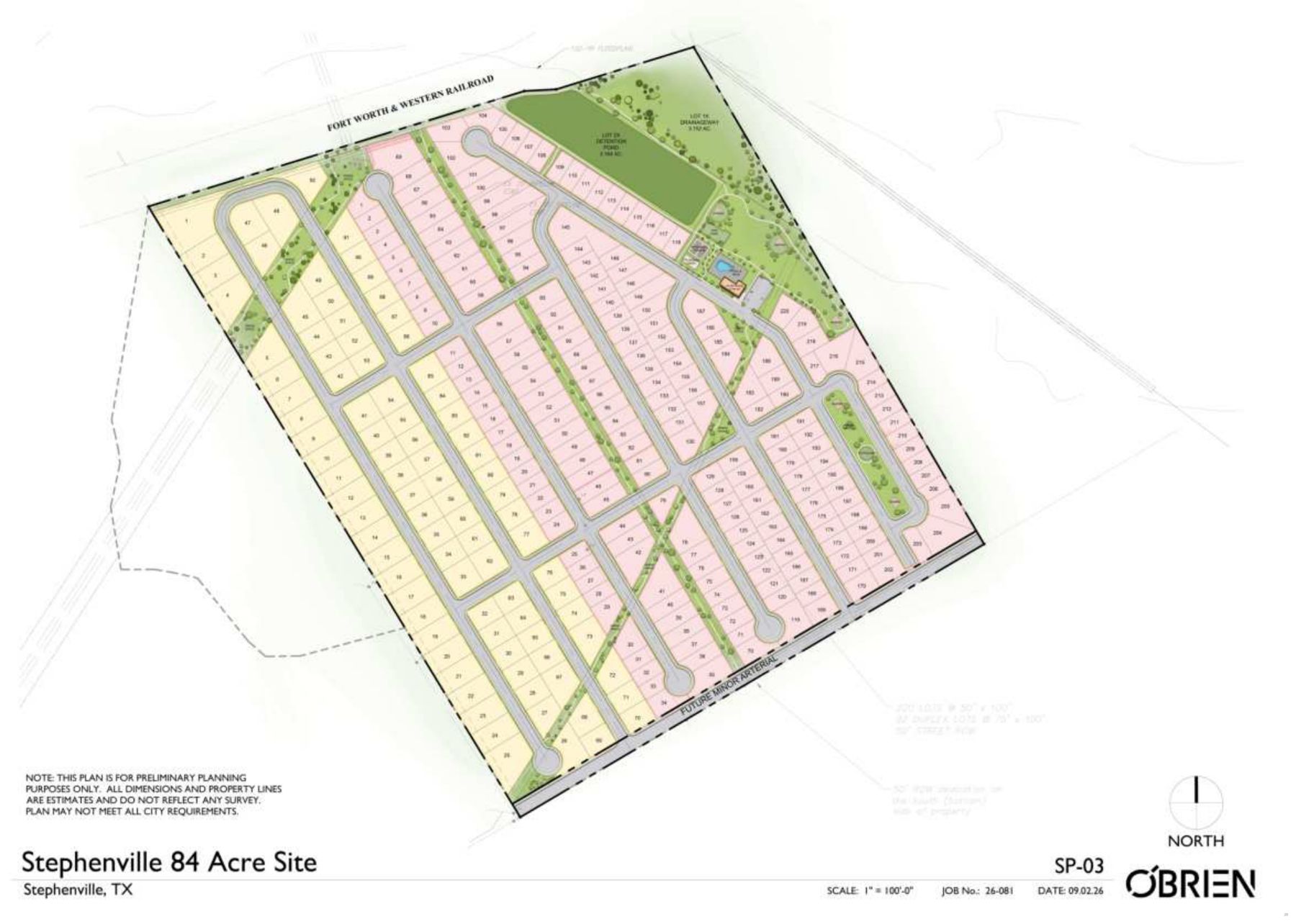 O'Brien Architects site plan for the Stephenville 84-acre site showing lots, streets and open space.