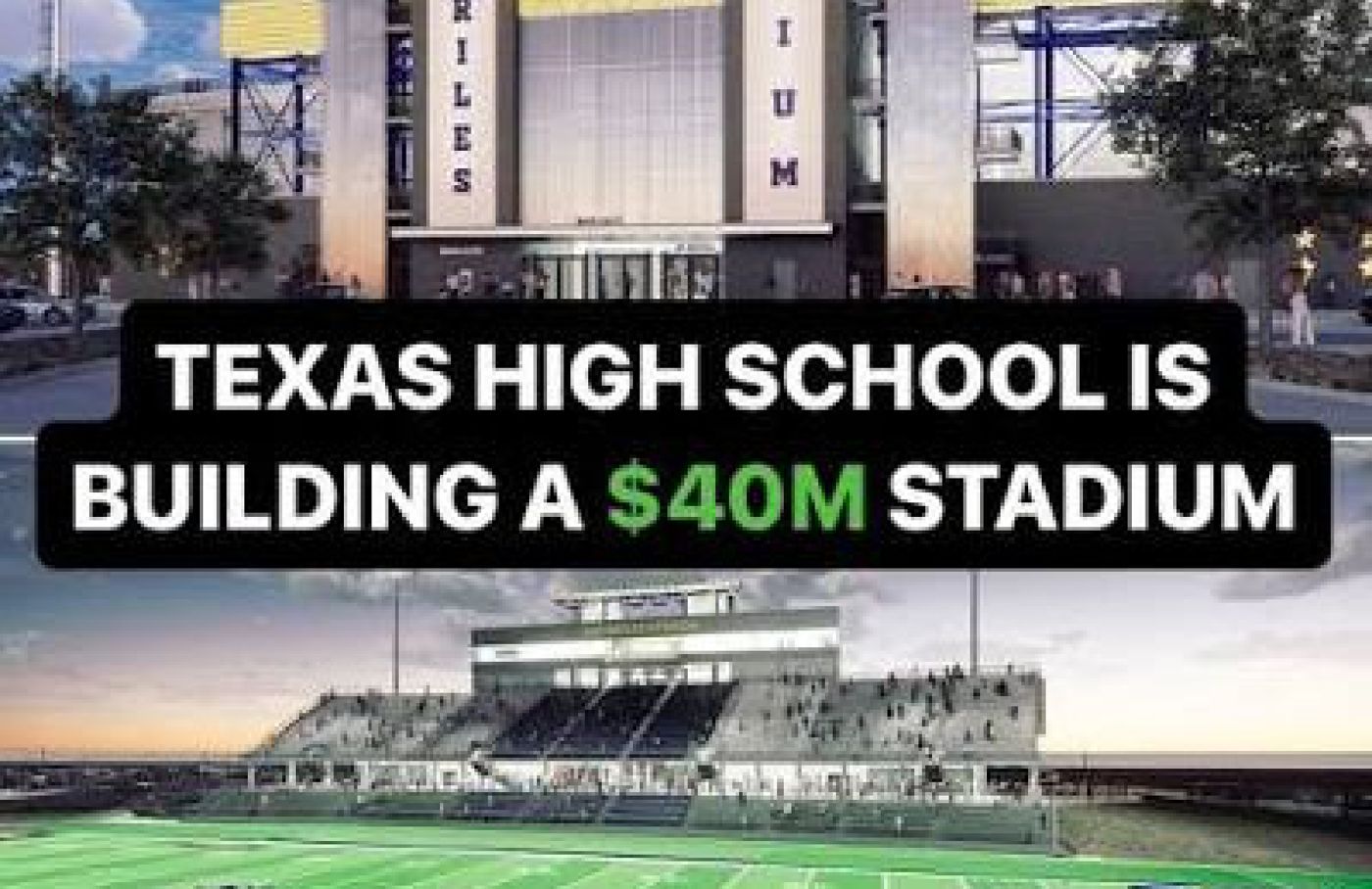 New Stephenville ISD stadium rendering with news headline: Texas high school is building a $40M stadium.